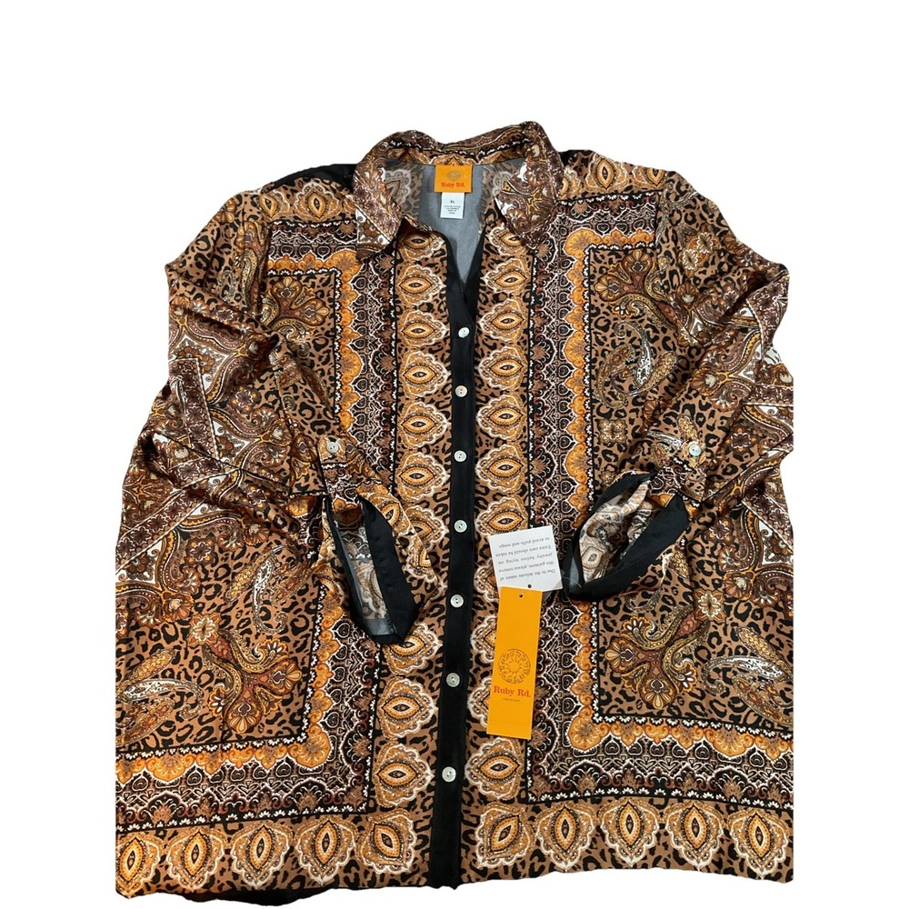 NWT Ruby Rd.‎ Blouse Sz XL, Black/Brown Button-up Pearl-like Buttons I68
